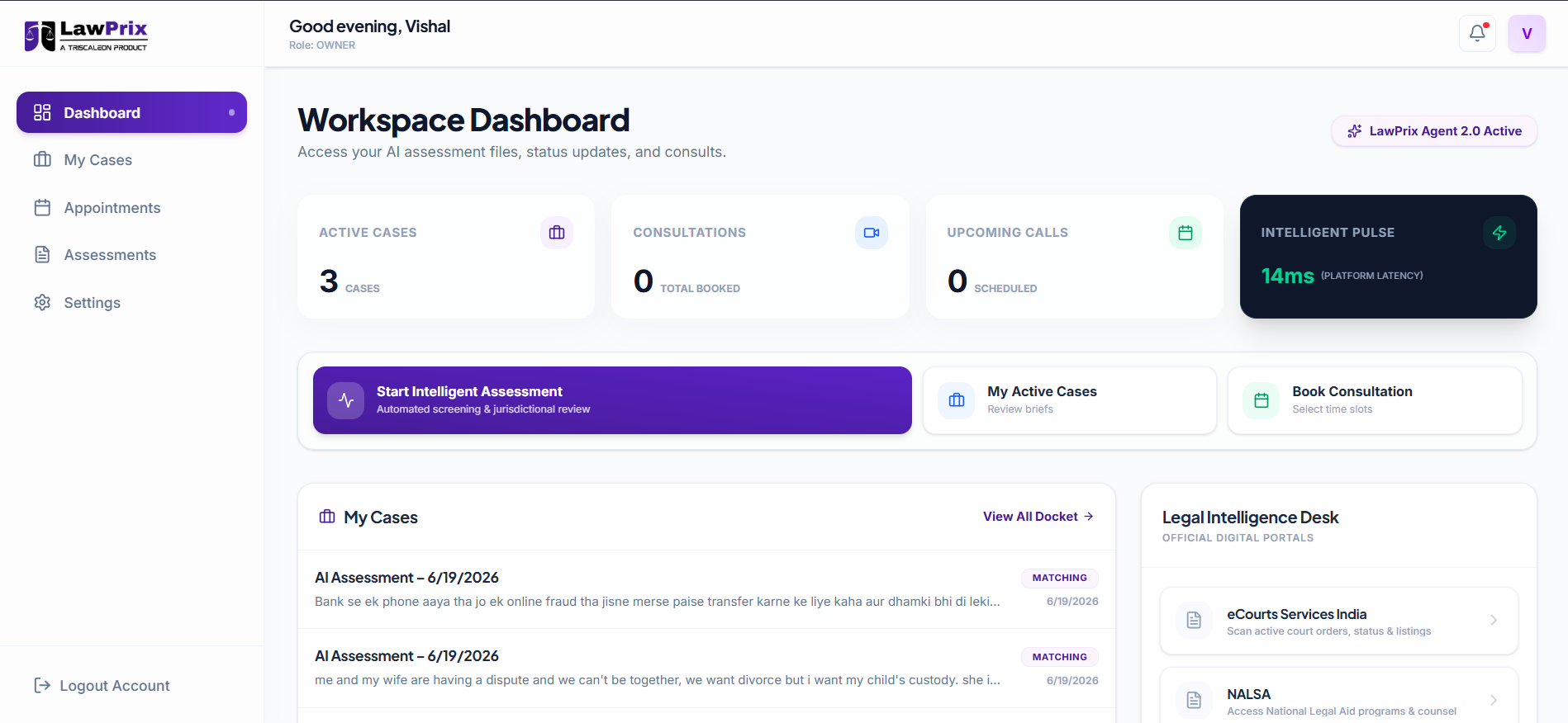 Lawprix platform dashboard